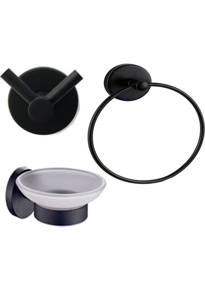 Siyah Banyo 3'lü Set Sabunluk Askılık Yuvarlak Havluluk