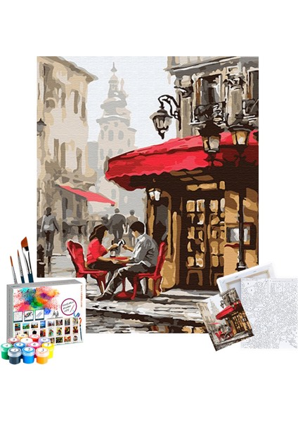 Sayılarla Boyama Seti 40 x 50 cm Tuval Şasesine Gerili Sokaktaki Kafe