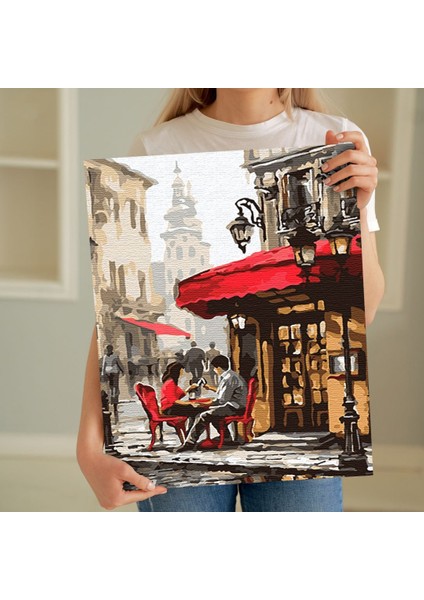 Sayılarla Boyama Seti 40 x 50 cm Tuval Şasesine Gerili Sokaktaki Kafe
