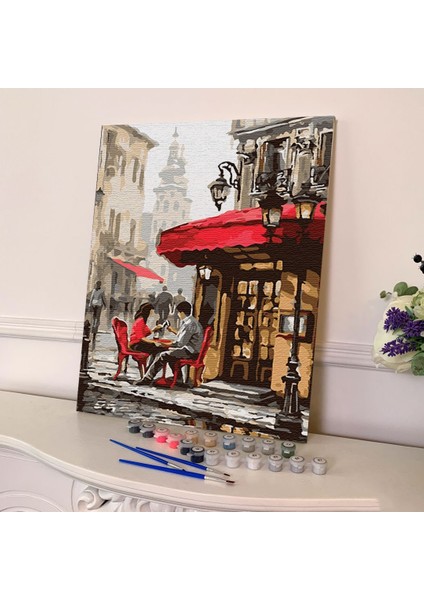 Sayılarla Boyama Seti 40 x 50 cm Tuval Şasesine Gerili Sokaktaki Kafe