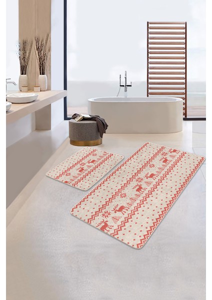 Geyikli Yılbaşı Temalı Özel Tasarım 2'li Kaymaz Tabanlı Banyo & Mutfak Paspas Takımı