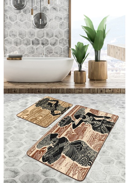 Kahverengi Etnik Afrika Kadın Tasarımlı 2'li Kaymaz Tabanlı Banyo & Mutfak Paspas Takımı