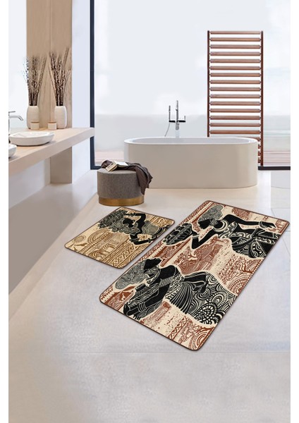 Kahverengi Etnik Afrika Kadın Tasarımlı 2'li Kaymaz Tabanlı Banyo & Mutfak Paspas Takımı fiyatları