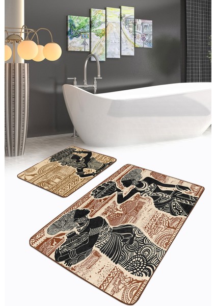 Kahverengi Etnik Afrika Kadın Tasarımlı 2'li Kaymaz Tabanlı Banyo & Mutfak Paspas Takımı modelleri