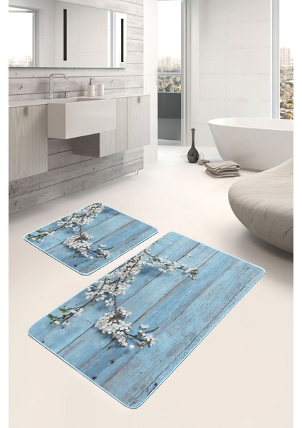 Mavi Ahşap Motifli Çiçek Tasarımlı 2'li Kaymaz Tabanlı Banyo & Mutfak Paspas Takımı modelleri