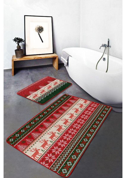 Geyik Motifli Yılbaşı Temalı Dijital Baskılı 2'li Kaymaz Tabanlı Banyo & Mutfak Paspas Takımı