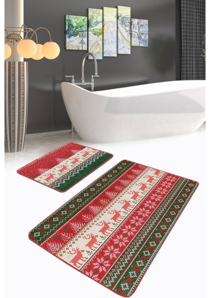 Geyik Motifli Yılbaşı Temalı Dijital Baskılı 2'li Kaymaz Tabanlı Banyo & Mutfak Paspas Takımı modelleri