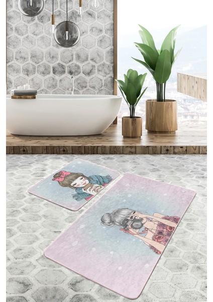 Renkli Zemin Fashion Girl Dijital Baskılı 2'li Kaymaz Tabanlı Banyo & Mutfak Paspas Takımı modelleri