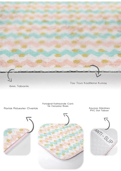 Renkli Zigzag Motifli Gold Detaylı Dijital Baskılı 2'li Kaymaz Tabanlı Banyo & Mutfak Paspas Takımı