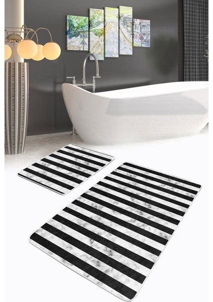 Siyah Beyaz Mermer Motifli Dijital Baskılı 2'li Kaymaz Tabanlı Banyo & Mutfak Paspas Takımı fiyatları