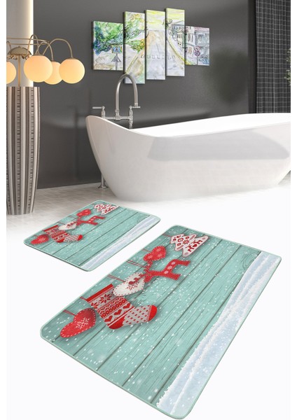 Yılbaşı Temalı Özel Tasarımlı Dijital Baskılı 2'li Kaymaz Tabanlı Banyo & Mutfak Paspas Takımı modelleri