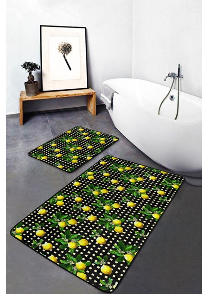 Kare Puantiye Zeminli Limon Dijital Baskılı 2'li Kaymaz Tabanlı Banyo & Mutfak Paspas Takımı