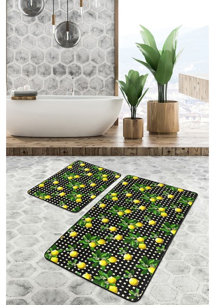 Kare Puantiye Zeminli Limon Dijital Baskılı 2'li Kaymaz Tabanlı Banyo & Mutfak Paspas Takımı modelleri