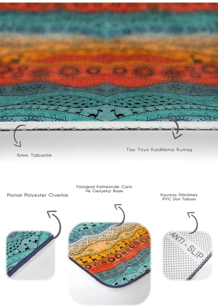 Renkli Etnik Tasarımlı Dijital Baskılı 2'li Kaymaz Tabanlı Banyo & Mutfak Paspas Takımı