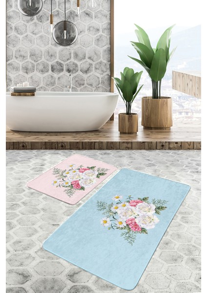 Açık Mavi & Pembe Gül Demeti Desenli 2'li Kaymaz Tabanlı Banyo & Mutfak Paspas Takımı fiyatları