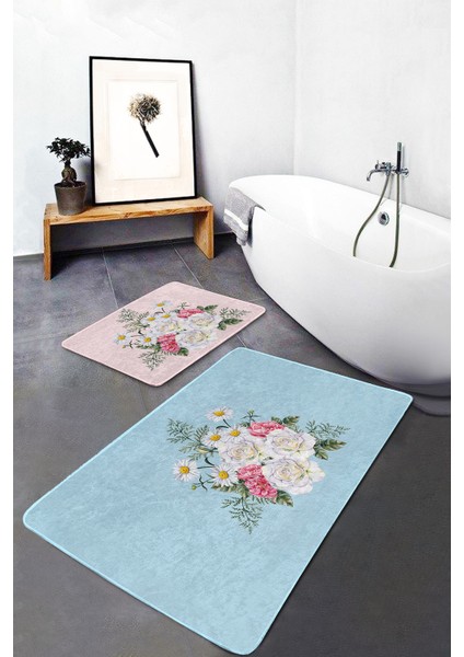 Açık Mavi & Pembe Gül Demeti Desenli 2'li Kaymaz Tabanlı Banyo & Mutfak Paspas Takımı modelleri