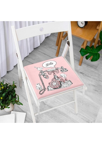 Pembe Zemin Antika Telefon Tasarımlı Dijital Baskılı Modern Fermuarlı Sandalye Minderi