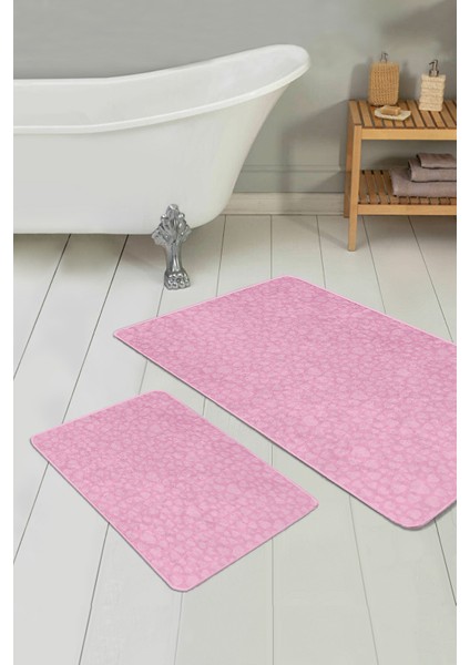 Pembe Temalı Love Tasarımlı Dijital Baskılı 2'li Kaymaz Tabanlı Banyo & Mutfak Paspas Takımı