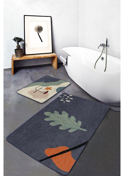 Soyut Tasarımlı Onedraw Motifli Dijital Baskılı 2'li Kaymaz Tabanlı Banyo & Mutfak Paspas Takımı