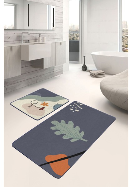 Soyut Tasarımlı Onedraw Motifli Dijital Baskılı 2'li Kaymaz Tabanlı Banyo & Mutfak Paspas Takımı modelleri