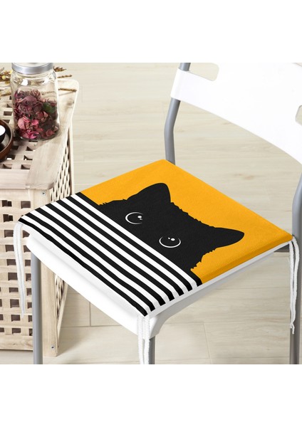 Sarı Zemin Çizgili Motif Kara Kedi Tasarımlı Modern Fermuarlı Sandalye Minderi