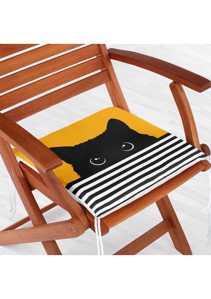 Sarı Zemin Çizgili Motif Kara Kedi Tasarımlı Modern Fermuarlı Sandalye Minderi fiyatları