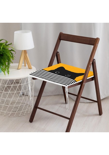 Sarı Zemin Çizgili Motif Kara Kedi Tasarımlı Modern Fermuarlı Sandalye Minderi modelleri