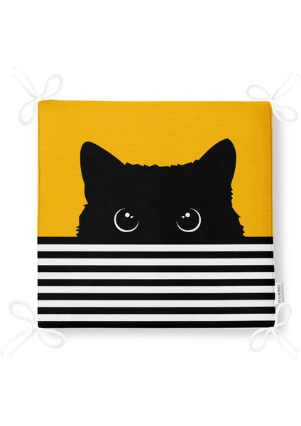 Sarı Zemin Çizgili Motif Kara Kedi Tasarımlı Modern Fermuarlı Sandalye Minderi fırsatları
