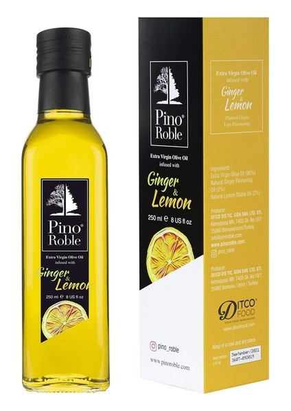 PinoRoble Zencefil ve Limon Esansiyel Yağlı Soğuk Sıkım Sızma Zeytinyağı Gurme Salata Sosu 250 ml