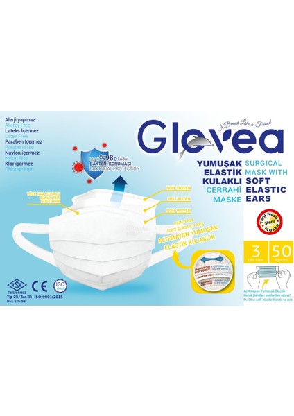 Kulak Dostu Elastik Kulaklı Yeni Nesil Cerrahi Maske 2*50 Adet
