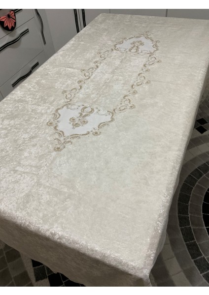 Kadife Fransız Güpürlü Lüks Masa Örtüsü - Lüks Kadife Masa Örtüsü Krem fiyatları