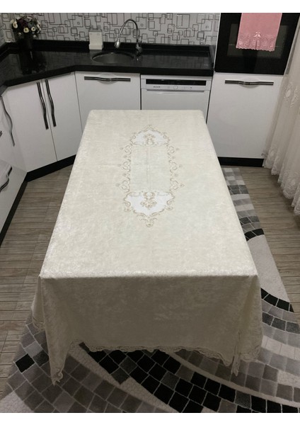 Kadife Fransız Güpürlü Lüks Masa Örtüsü - Lüks Kadife Masa Örtüsü Krem fırsatları