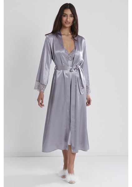 Kadın Saten Dantelli Gecelik & Sabahlık Takım 4370 Royal