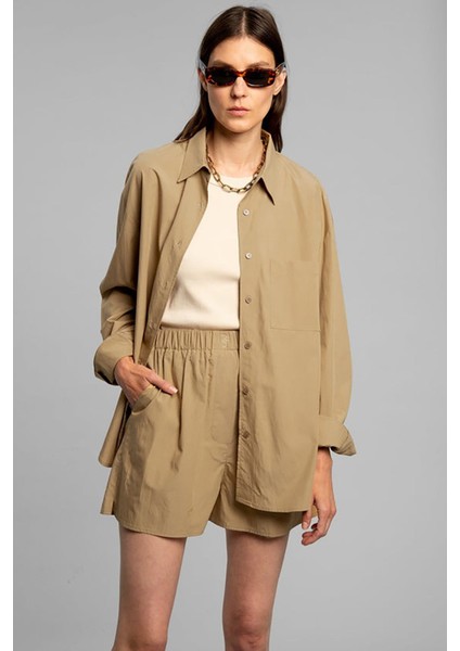Bej Basic Regular Fit Poplin Kadın Gömlek