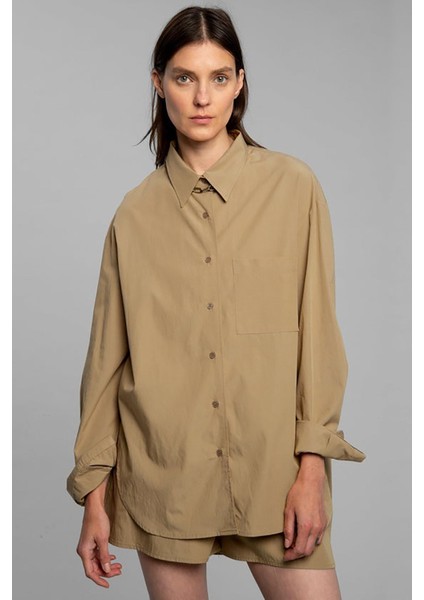 Bej Basic Regular Fit Poplin Kadın Gömlek