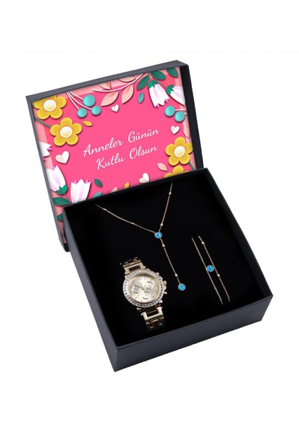 Anneler Gününe Özel Gold Renk Taşlı Kadın Kol Saati & Gold Renk Nazar Boncuklu Kolye & Bileklik Hediye Seti