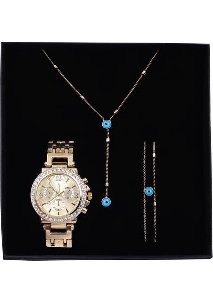 Anneler Gününe Özel Gold Renk Taşlı Kadın Kol Saati & Gold Renk Nazar Boncuklu Kolye & Bileklik Hediye Seti fiyatları