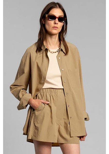 Bej Basic Regular Fit Poplin Kadın Gömlek