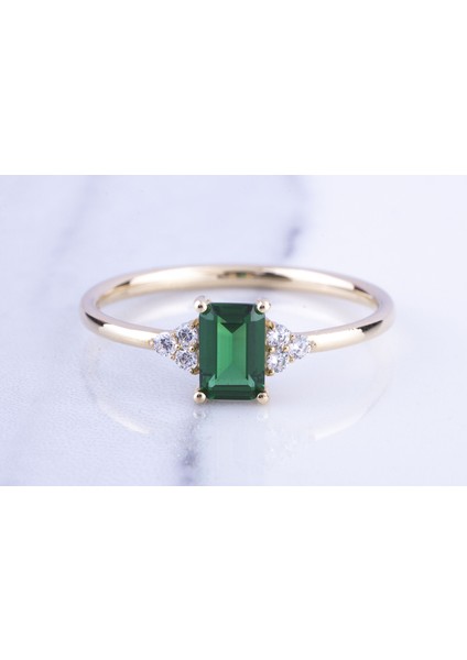 Emerald Cut Kadın 14 Ayar Altın Yüzük, Yeşil Taşlı Zarif Kadın Yüzüğü