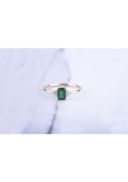 Emerald Cut Kadın 14 Ayar Altın Yüzük, Yeşil Taşlı Zarif Kadın Yüzüğü indirimleri