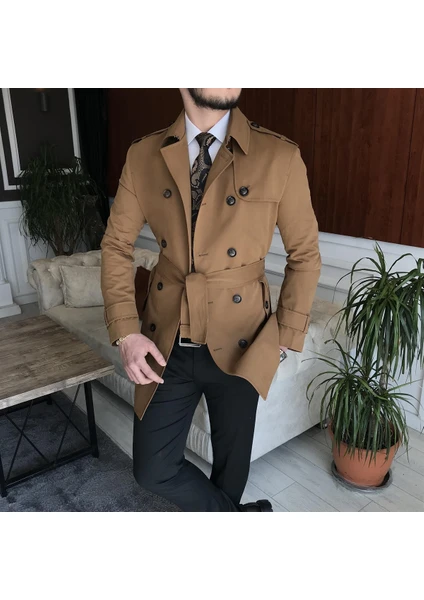 Terzi Adem Italyan Stil Slim Fit Mevsimlik Erkek Trençkot Mont Camel T6634