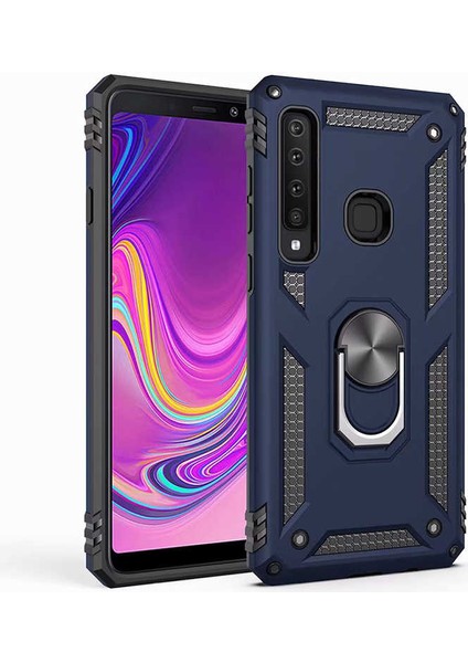 Samsung Galaxy A9 2018 Kılıf Vega Tank Yüzüklü Standlı Silikon Çift Katmanlı Koruma Mavi