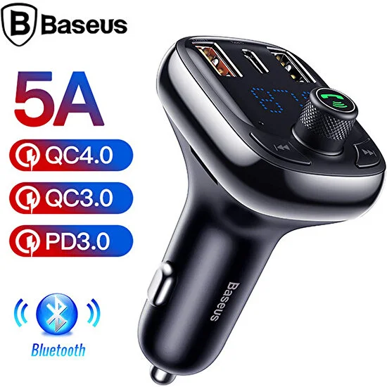Baseus T Typed S-13 Bluetooth Fm Transmitter 36W Qc 4.0 Dual USB & Type-C Araç Şarj Cihazı