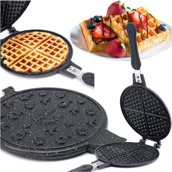 Taşhan Lüks Granit Ocak Üstü Waffle Tavası 1000 W Çiçek Yüzey Şekilleri ile Dayanıklı Bakalit Sap