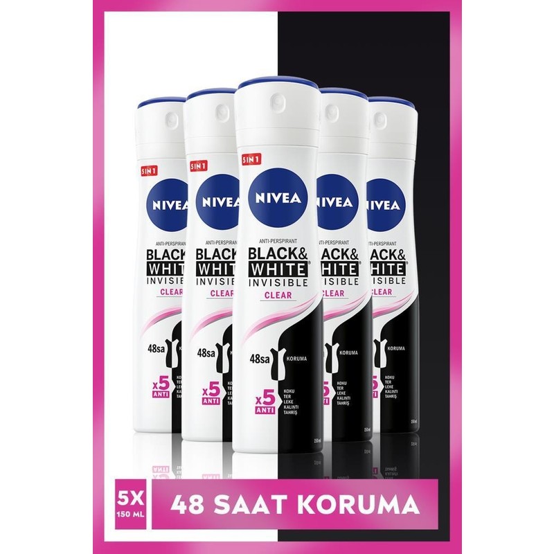 Nivea Kadın Sprey Deodorant Black&white Invisible Clear 48 Saat Anti-Perspirant Koruma 150ML x 5 Adet
