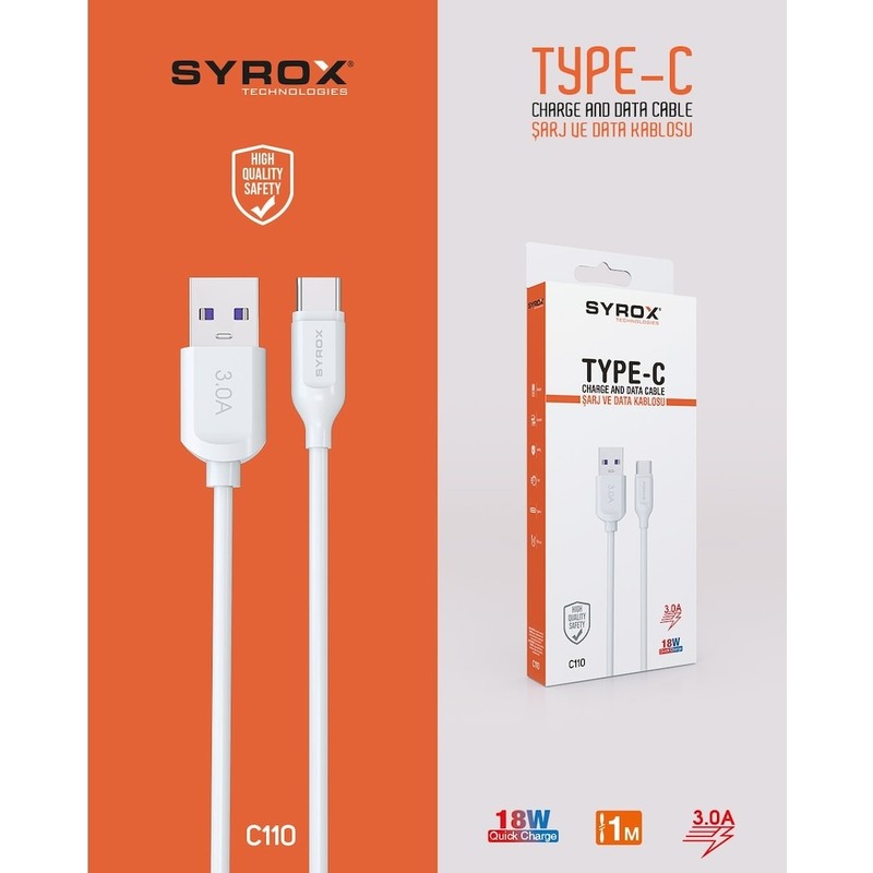 Syrox C110 Type-C Girişli 18W 3.0A Hızlı Şarj ve Data Kablosu