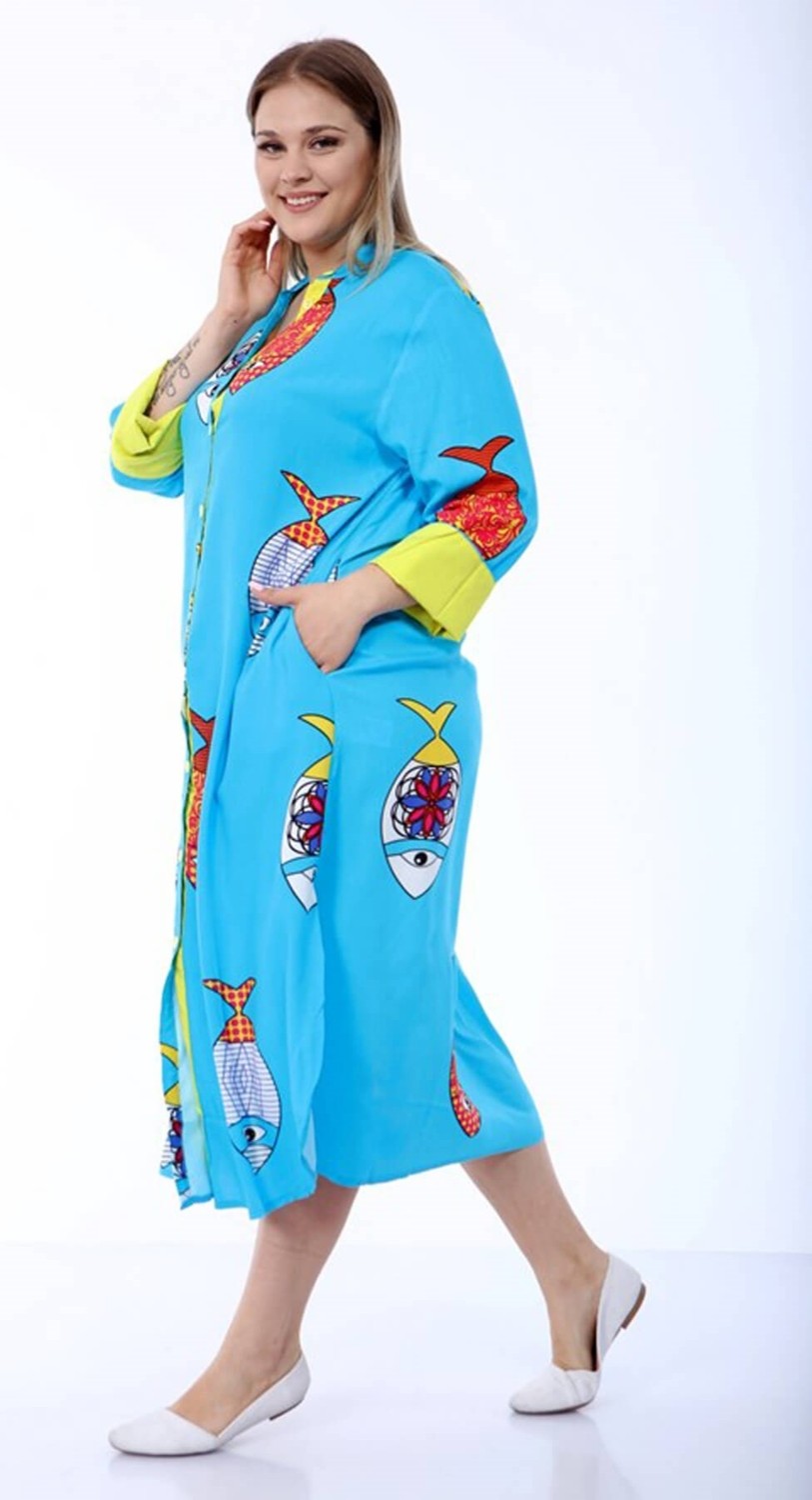Mia Butik Büyük Beden Turkuaz Balık Desenli Elbise görsel 4