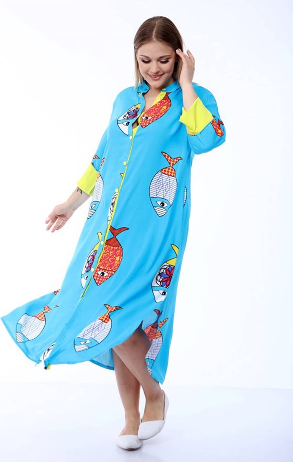 Mia Butik Büyük Beden Turkuaz Balık Desenli Elbise görsel 5