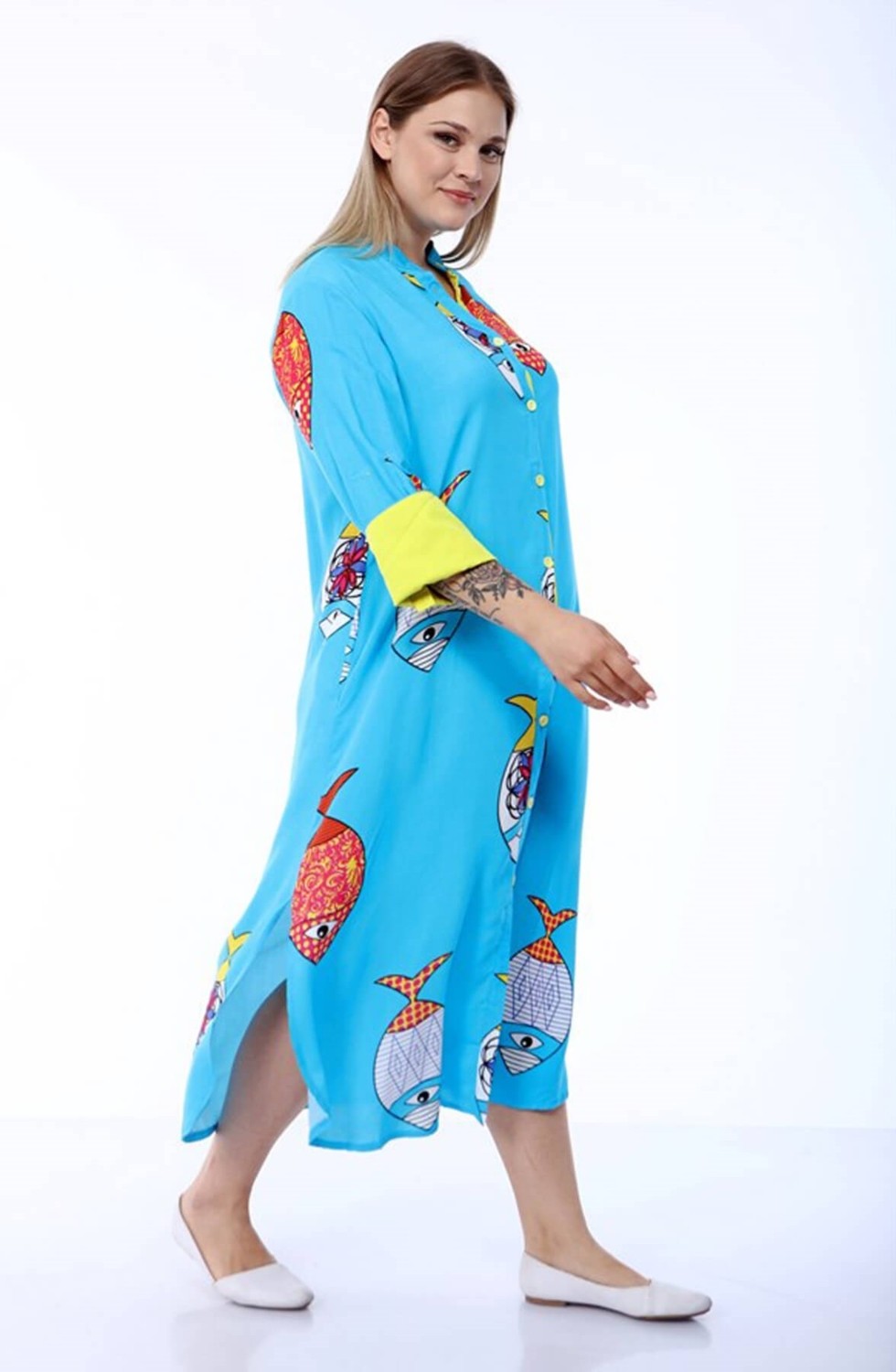 Mia Butik Büyük Beden Turkuaz Balık Desenli Elbise görsel 2