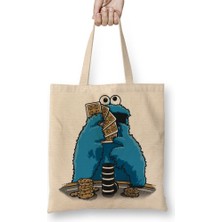 Baskı Dükkanı Susam Sokağı Kurabiye Canavarı Poker Bez Çanta Uzun Saplı